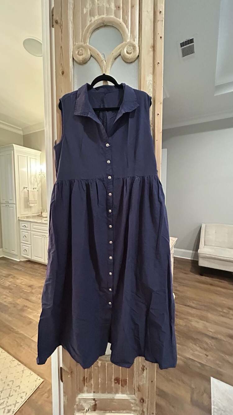 Leyoutx Sleeveless Shirt Dress Size XL Navy Button Down Maxi Tiered